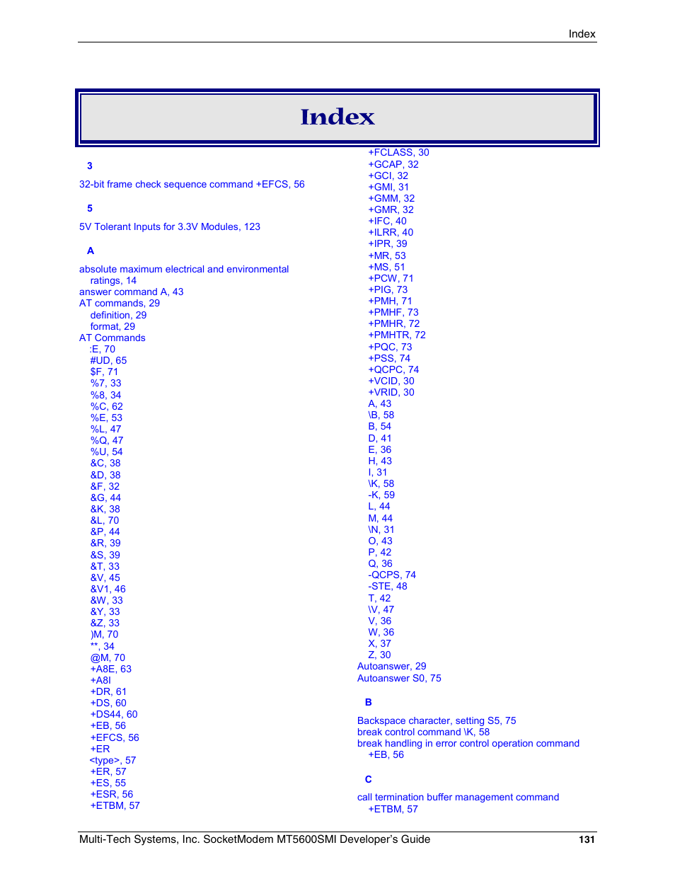 Index | Multi-Tech Systems MT5600SMI-34 User Manual | Page 131 / 134
