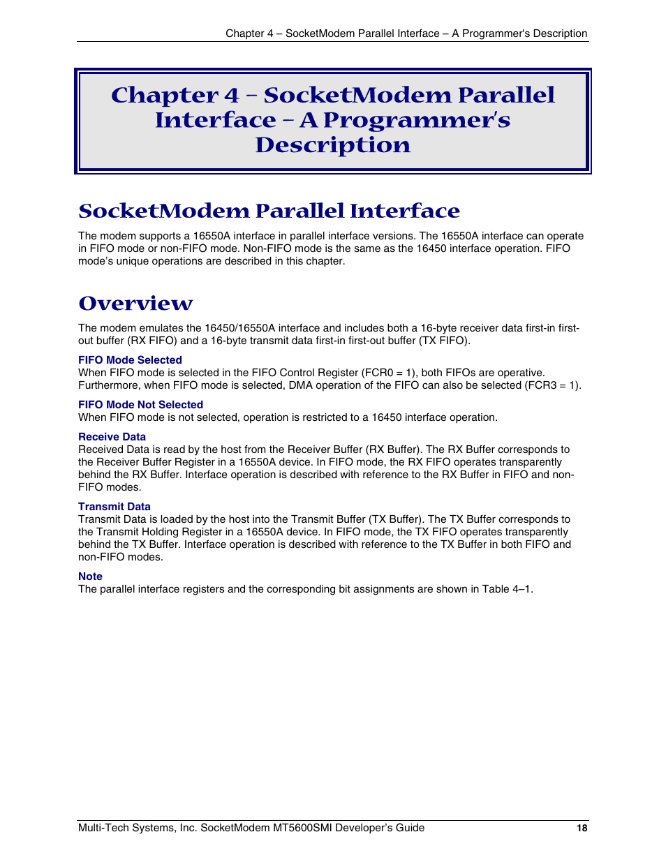 Chapter 4 – socketmodem parallel interface – a pr, Socketmodem parallel interface, Overview | Socketmodem parallel interface overview | Multi-Tech Systems MT5600SMI-34 User Manual | Page 18 / 134