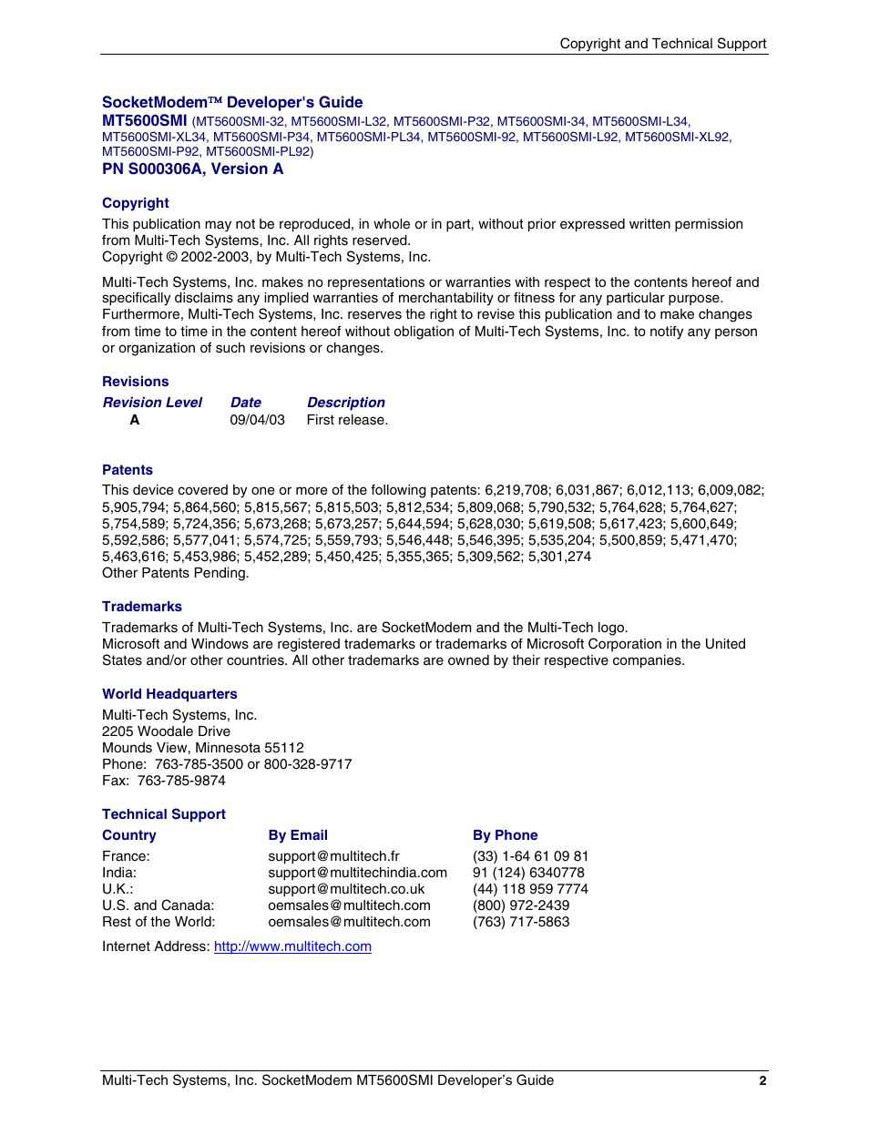 Multi-Tech Systems MT5600SMI-34 User Manual | Page 2 / 134