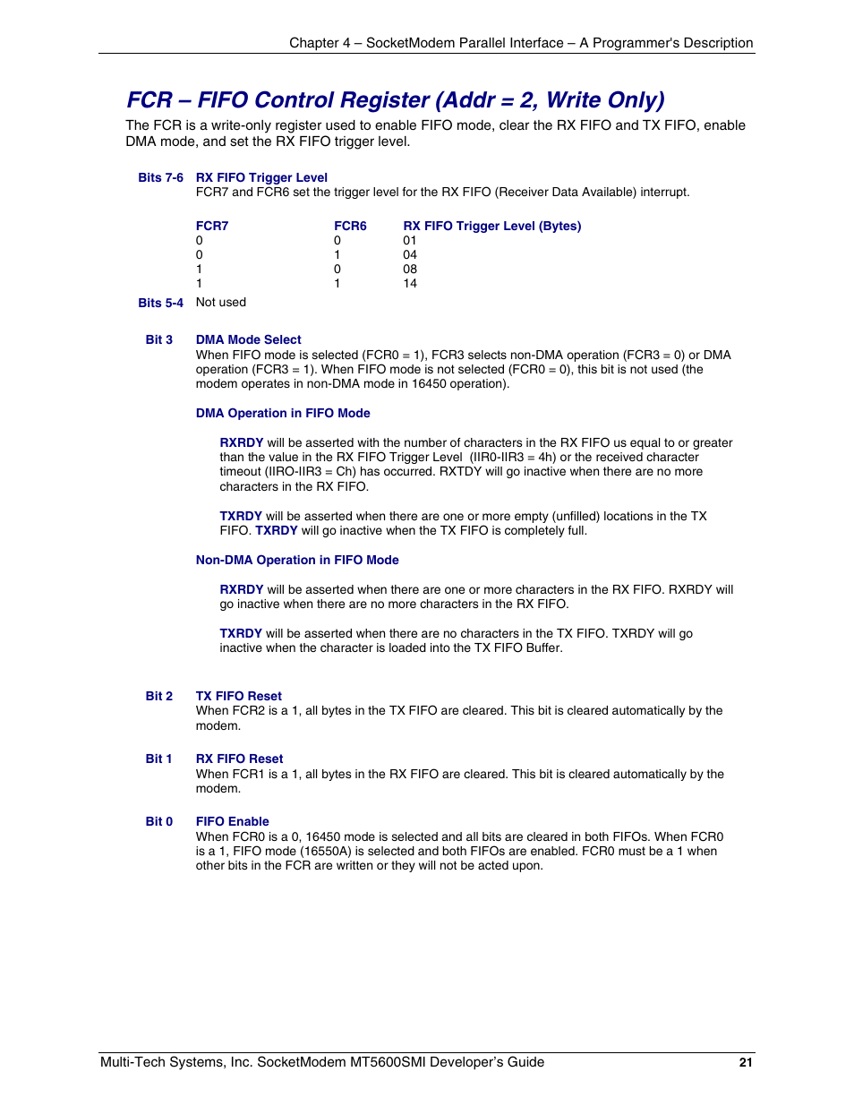 Fcr – fifo control register \(addr = 2, write on, Fcr – fifo control register (addr = 2, write only) | Multi-Tech Systems MT5600SMI-34 User Manual | Page 21 / 134