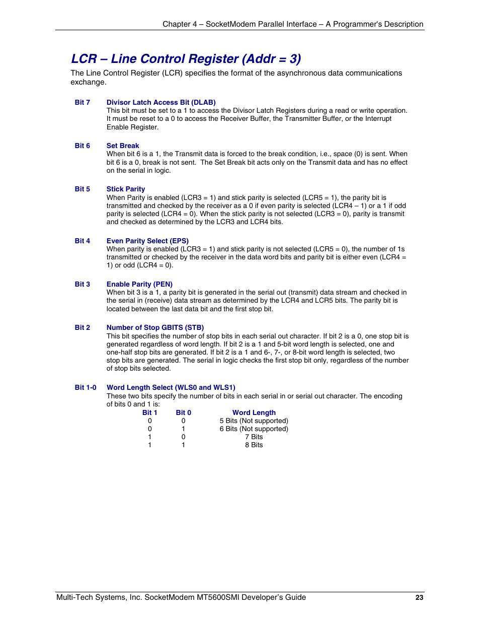 Lcr – line control register \(addr = 3\), Lcr – line control register (addr = 3) | Multi-Tech Systems MT5600SMI-34 User Manual | Page 23 / 134