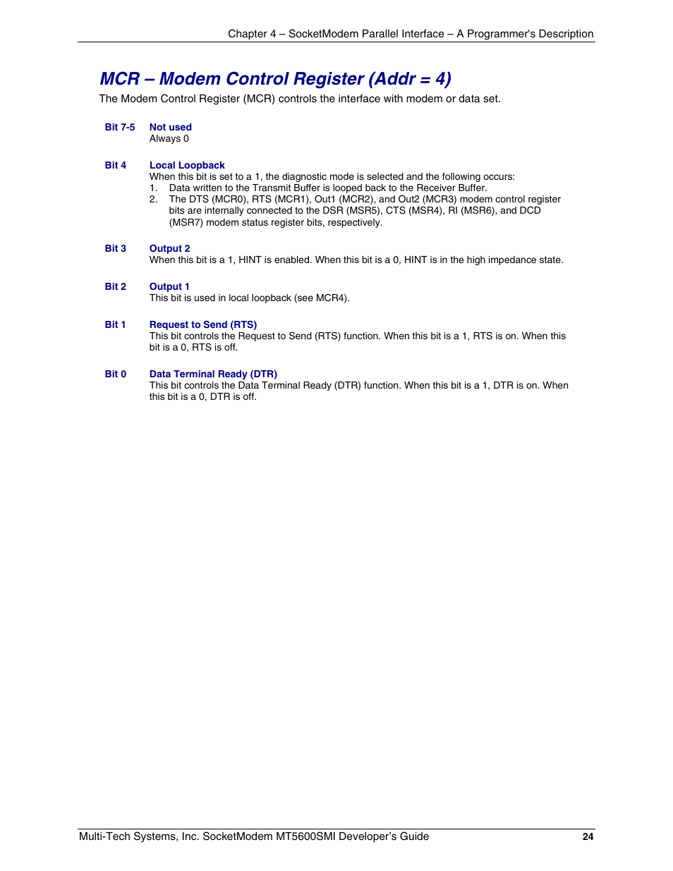 Mcr – modem control register \(addr = 4\), Mcr – modem control register (addr = 4) | Multi-Tech Systems MT5600SMI-34 User Manual | Page 24 / 134
