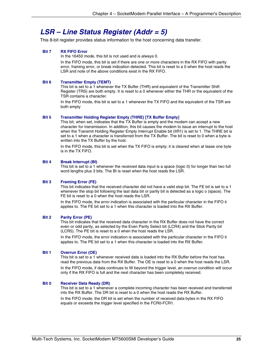 Lsr – line status register \(addr = 5\), Lsr – line status register (addr = 5) | Multi-Tech Systems MT5600SMI-34 User Manual | Page 25 / 134