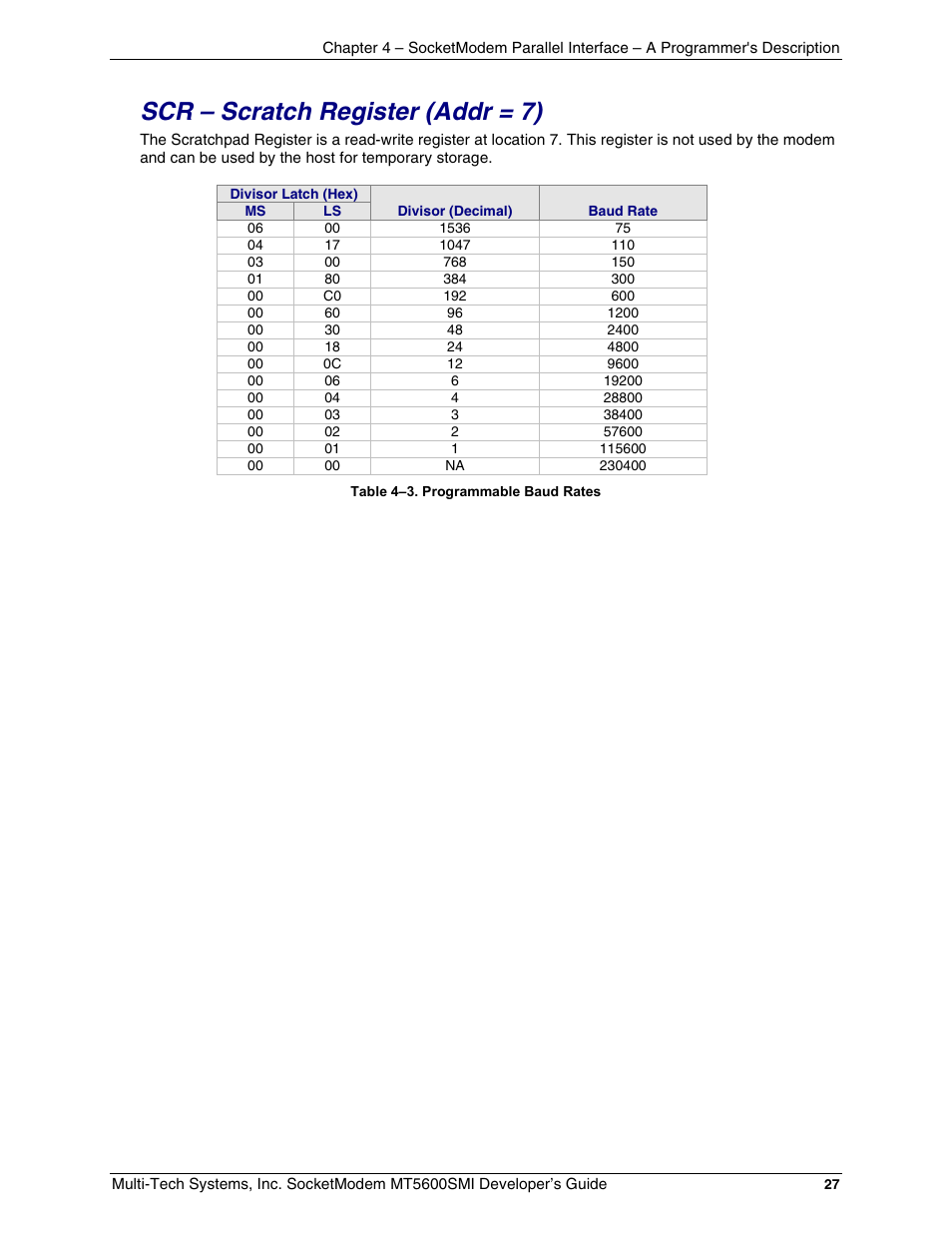 Scr – scratch register \(addr = 7\), Scr – scratch register (addr = 7) | Multi-Tech Systems MT5600SMI-34 User Manual | Page 27 / 134