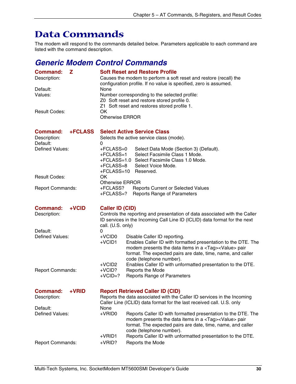 Data commands, Generic modem control commands | Multi-Tech Systems MT5600SMI-34 User Manual | Page 30 / 134