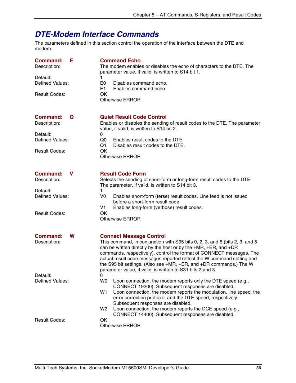 Dte-modem interface commands | Multi-Tech Systems MT5600SMI-34 User Manual | Page 36 / 134