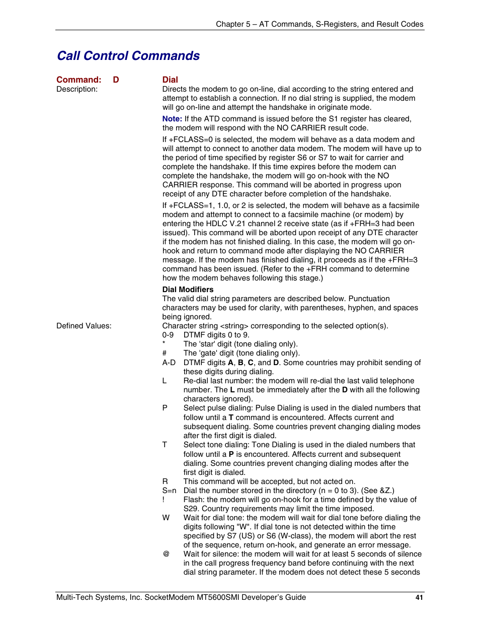 Call control commands | Multi-Tech Systems MT5600SMI-34 User Manual | Page 41 / 134