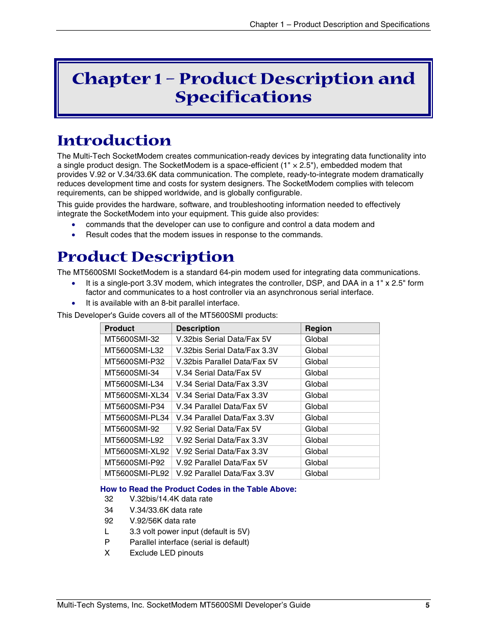 Chapter 1 – product description and specification, Introduction, Product description | Chapter 1 – product description and specifications, Introduction product description | Multi-Tech Systems MT5600SMI-34 User Manual | Page 5 / 134