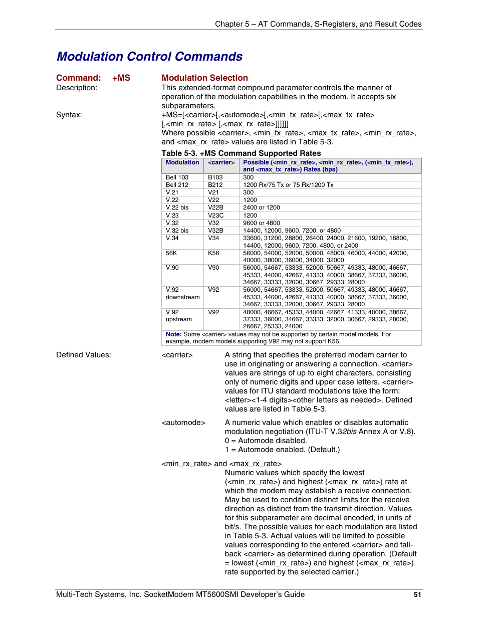 Modulation control commands, Command: +ms modulation selection | Multi-Tech Systems MT5600SMI-34 User Manual | Page 51 / 134
