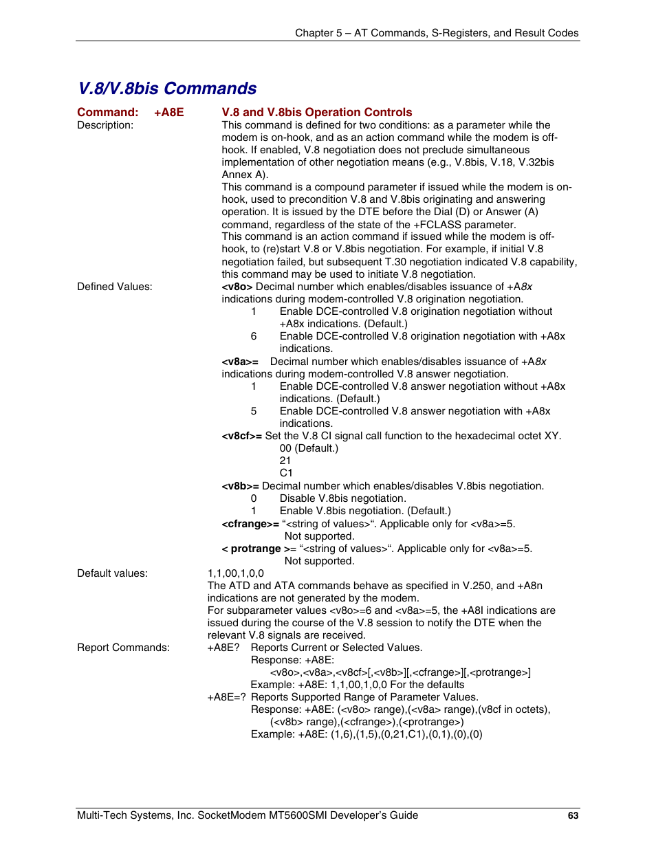 V.8/v.8bis commands | Multi-Tech Systems MT5600SMI-34 User Manual | Page 63 / 134