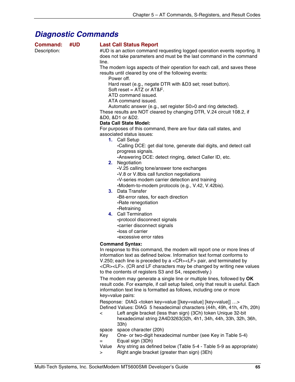 Diagnostic commands | Multi-Tech Systems MT5600SMI-34 User Manual | Page 65 / 134