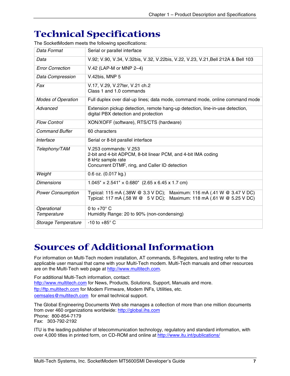 Technical specifications, Sources of additional information | Multi-Tech Systems MT5600SMI-34 User Manual | Page 7 / 134