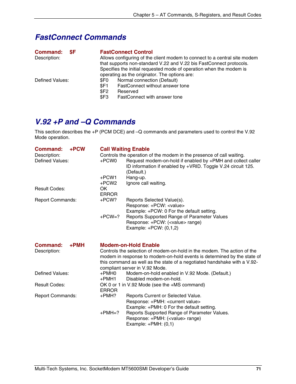Fastconnect commands, V.92 +p and –q commands, Fastconnect commands v.92 +p and –q commands | Multi-Tech Systems MT5600SMI-34 User Manual | Page 71 / 134