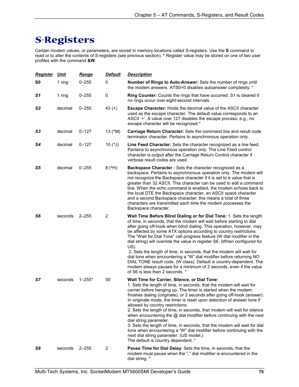 S-registers | Multi-Tech Systems MT5600SMI-34 User Manual | Page 75 / 134