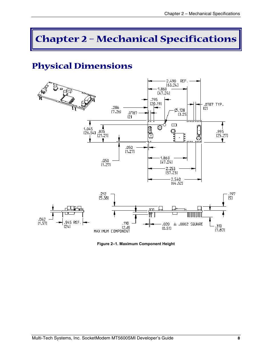 Chapter 2 – mechanical specifications, Physical dimensions | Multi-Tech Systems MT5600SMI-34 User Manual | Page 8 / 134