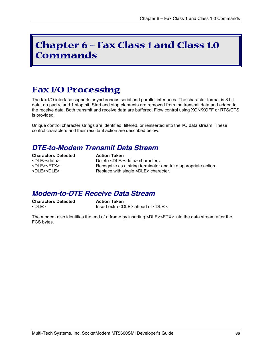 Chapter 6 – fax class 1 and class 1.0 commands, Fax i/o processing, Dte-to-modem transmit data stream | Modem-to-dte receive data stream | Multi-Tech Systems MT5600SMI-34 User Manual | Page 86 / 134