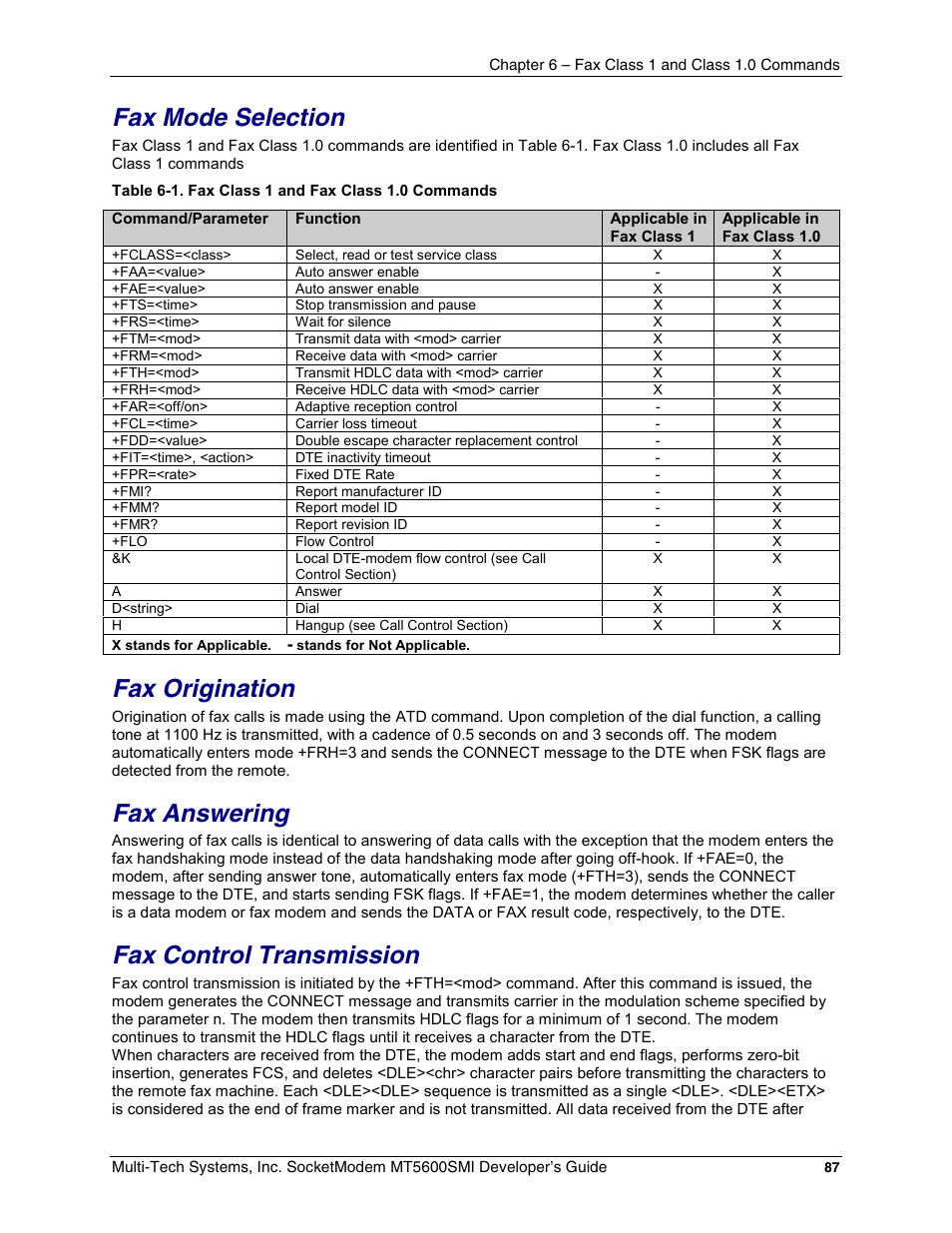 Fax mode selection, Fax origination, Fax answering | Fax control transmission | Multi-Tech Systems MT5600SMI-34 User Manual | Page 87 / 134