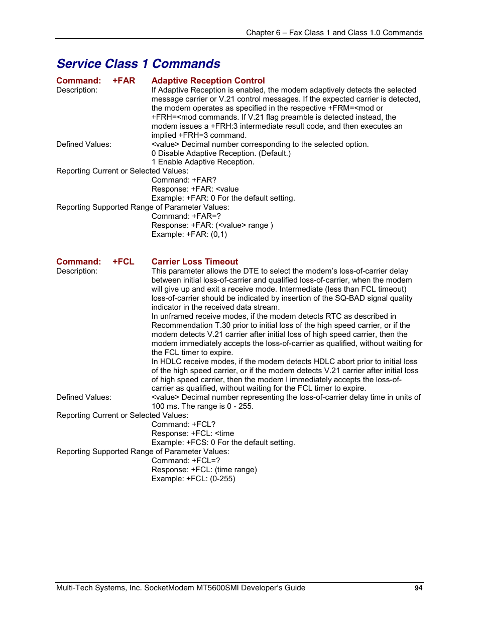 Service class 1 commands | Multi-Tech Systems MT5600SMI-34 User Manual | Page 94 / 134
