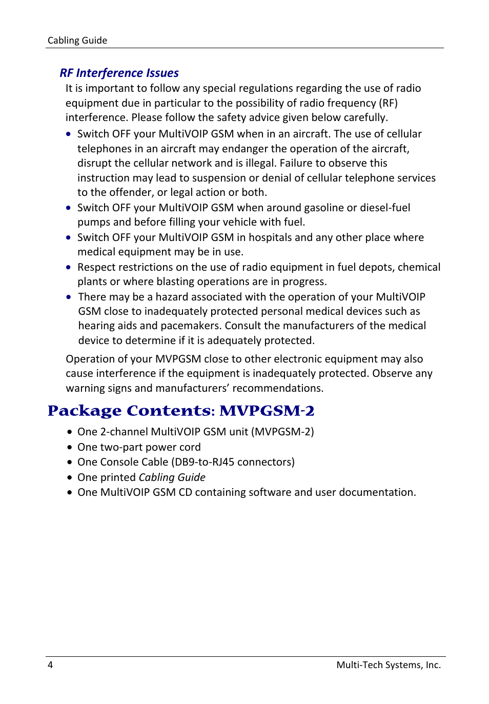 13brf interference issues, 2bpackage contents: mvpgsm-2, Package contents: mvpgsm-2 | Multi-Tech Systems MultiVOIP GSM SIP-to-Cellular Gateways MVPGSM-2 User Manual | Page 4 / 8
