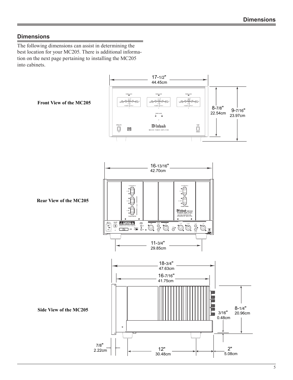 Dimensions | McIntosh MC205 User Manual | Page 5 / 20
