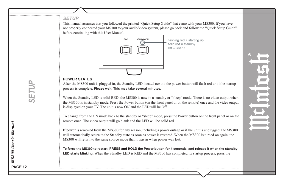 Setup | McIntosh MS300 User Manual | Page 16 / 110