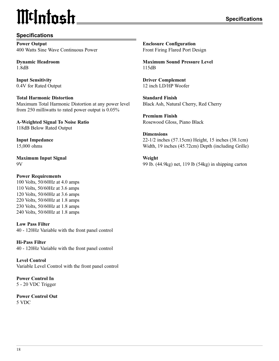 McIntosh PS112 User Manual | Page 18 / 20