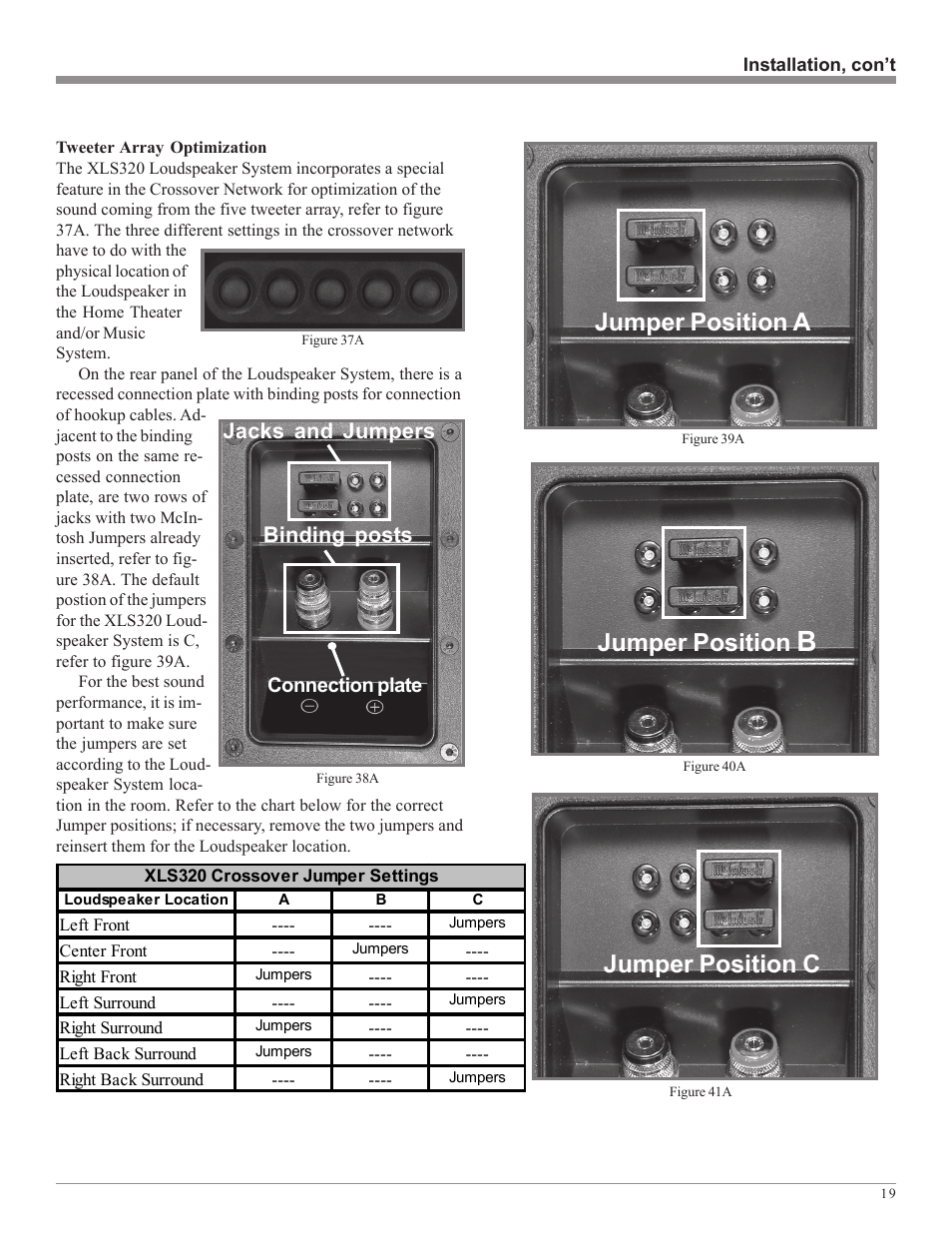 Jumper position a, Jumper position, Jumper position c | Binding posts jacks and jumpers | McIntosh XLS360 User Manual | Page 19 / 28