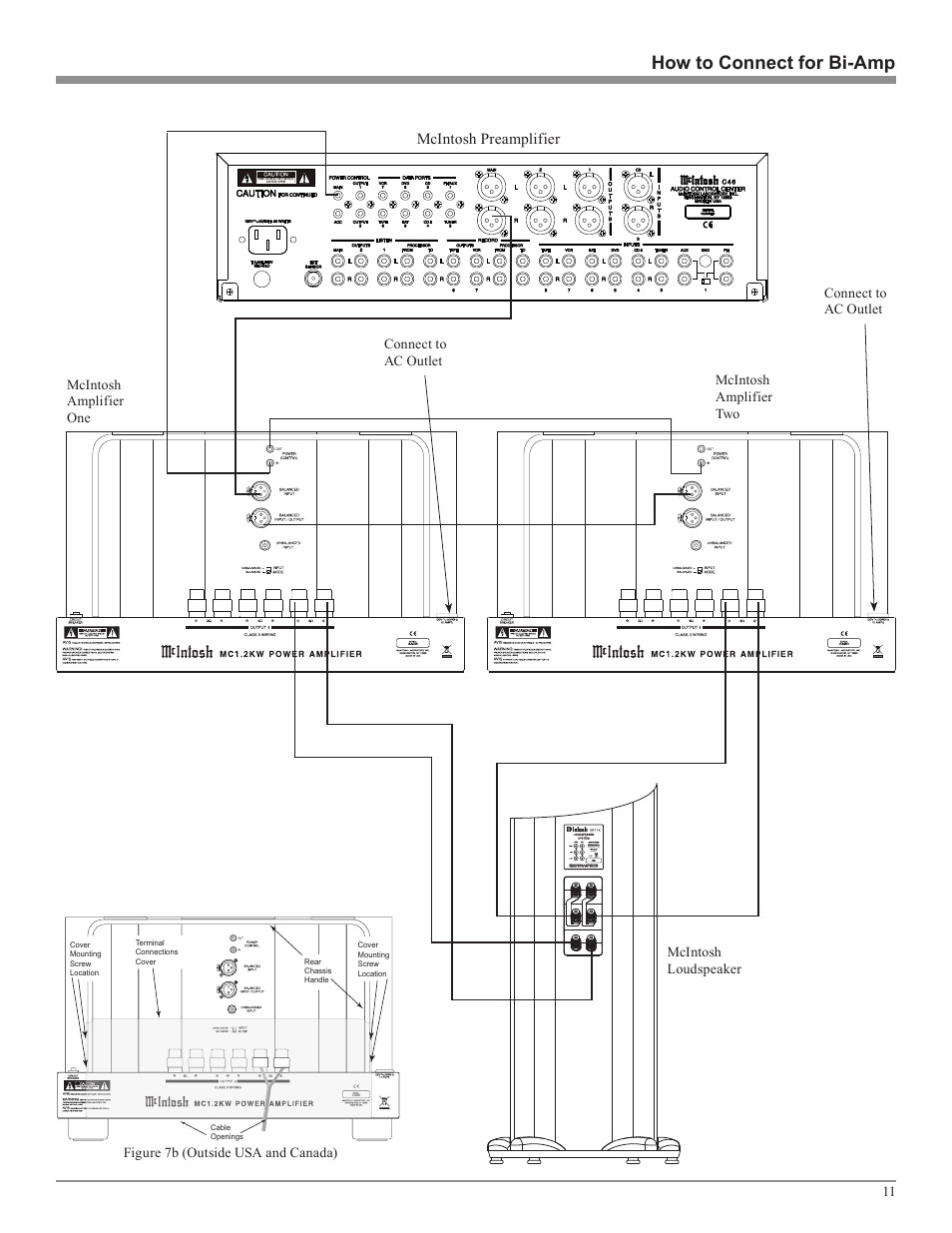 How to connect for bi-amp, Mcintosh preamplifier | McIntosh MC1.2KW User Manual | Page 11 / 20