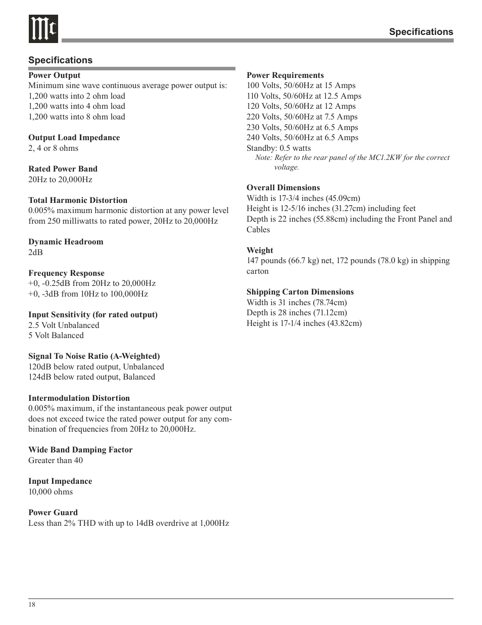 McIntosh MC1.2KW User Manual | Page 18 / 20