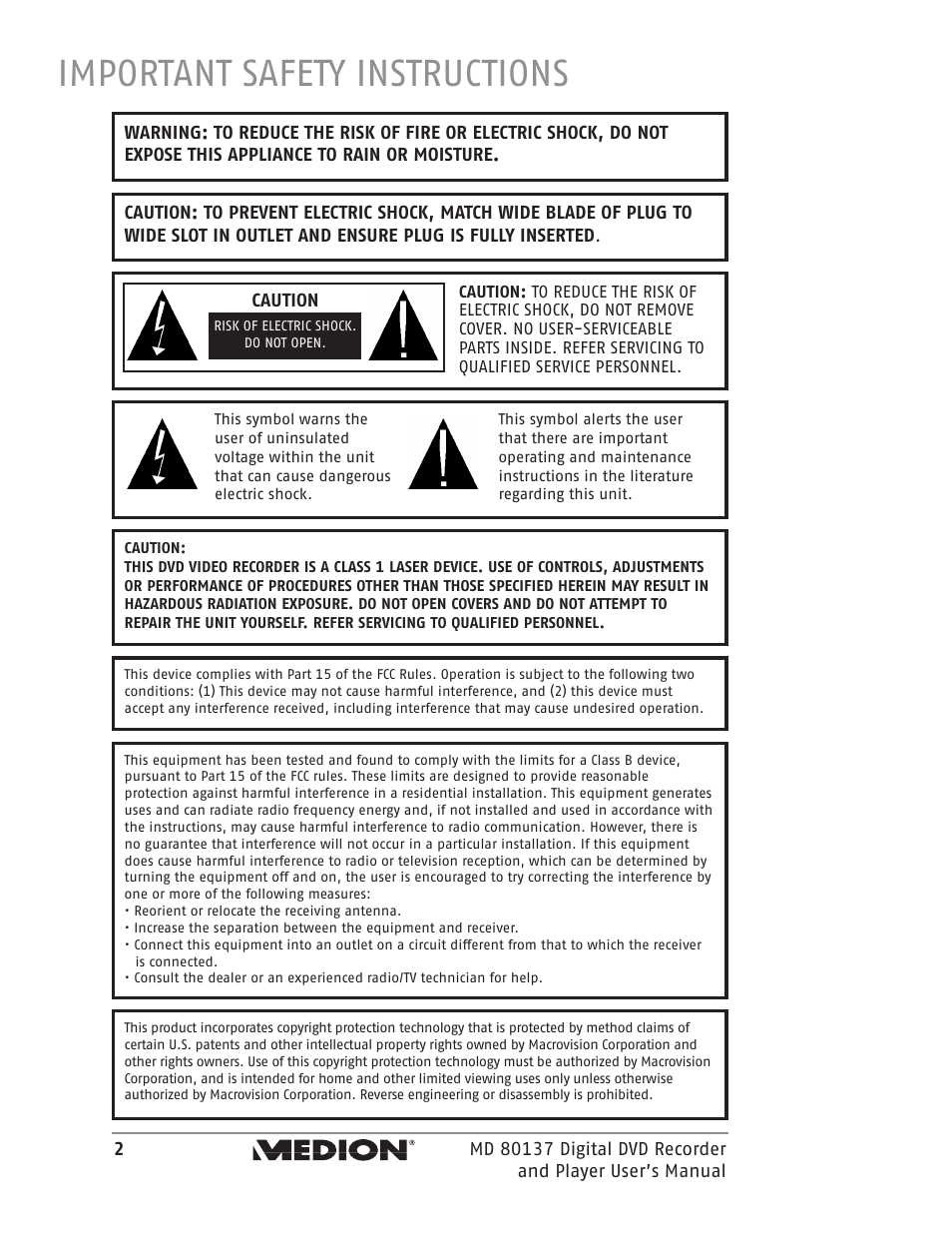 Important safety instructions | Medion MD 80137 User Manual | Page 2 / 53