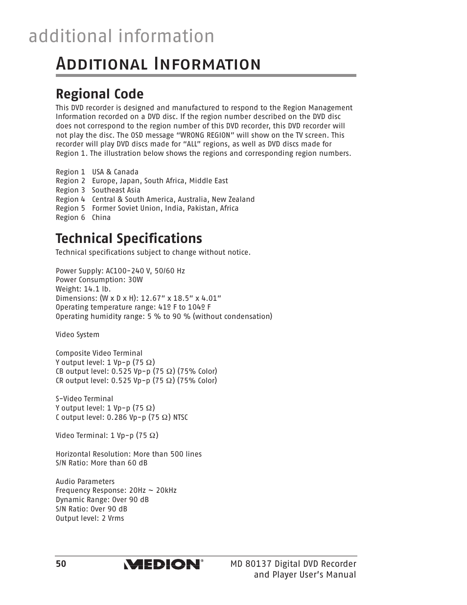 Additional information, Regional code, Technical specifications | Medion MD 80137 User Manual | Page 50 / 53