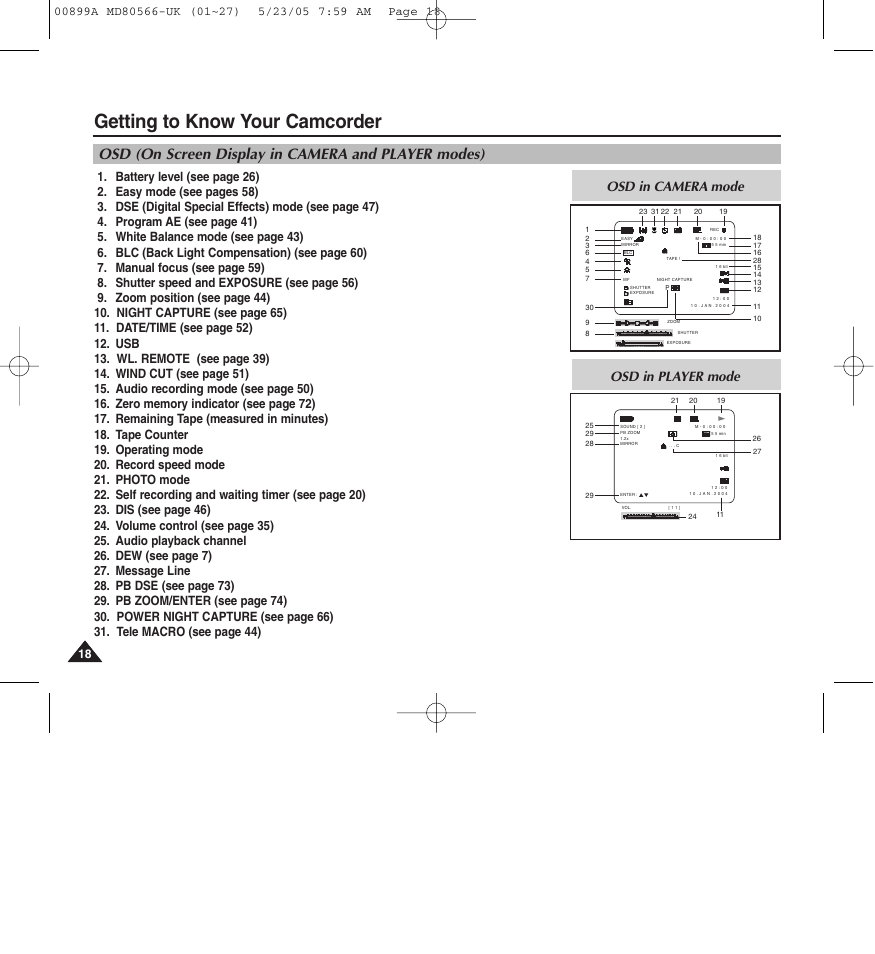 Getting to know your camcorder, Osd (on screen display in camera and player modes), Osd in player mode | Medion MD80566 User Manual | Page 18 / 87