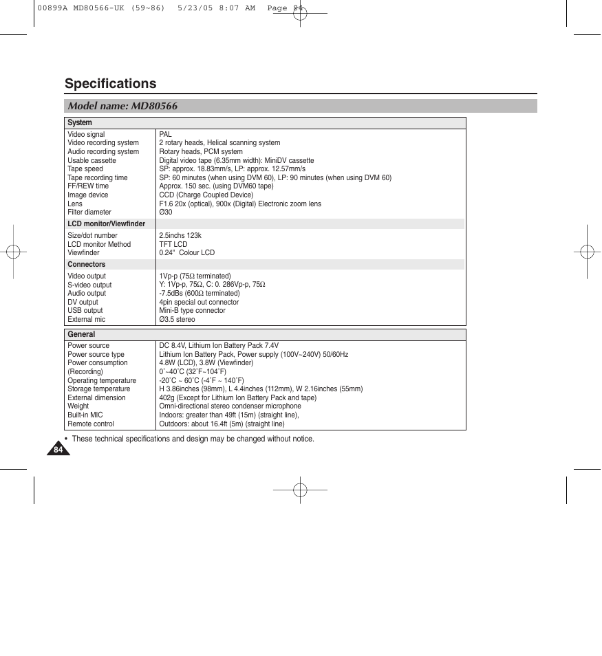 Specifications | Medion MD80566 User Manual | Page 84 / 87