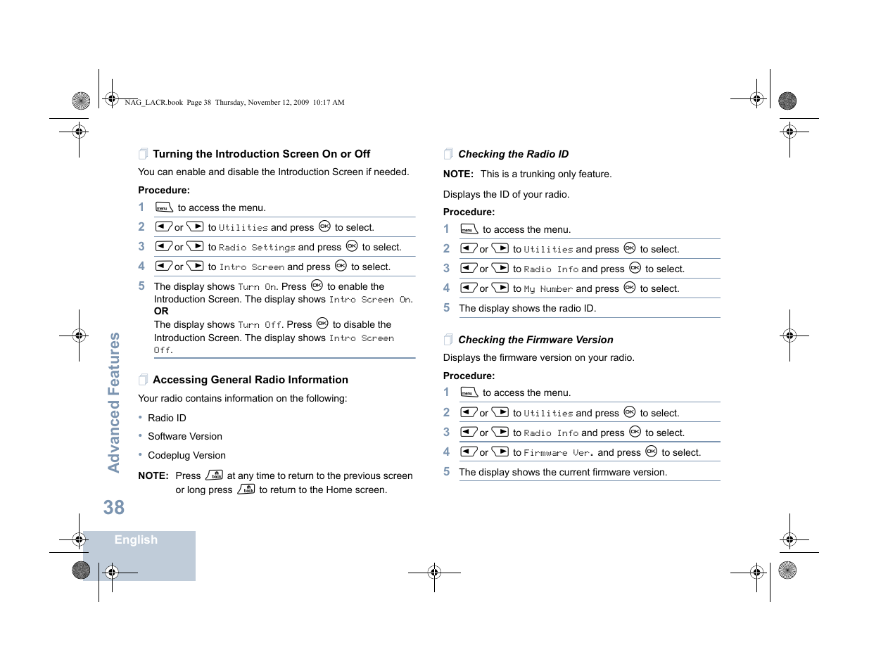 Turning the introduction screen on or off, Accessing general radio information, Checking the radio id | Checking the firmware version, Advanced features | Motorola MOTOTRBO XPR 4580 User Manual | Page 48 / 60
