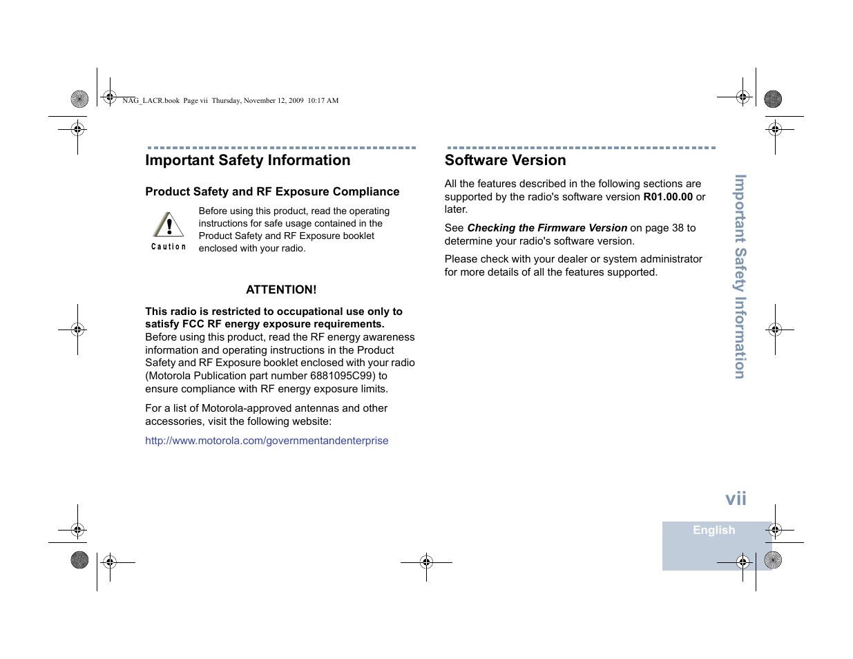 Important safety information, Product safety and rf exposure compliance, Software version | Product safety and rf exposure compliance . . vii | Motorola MOTOTRBO XPR 4580 User Manual | Page 9 / 60