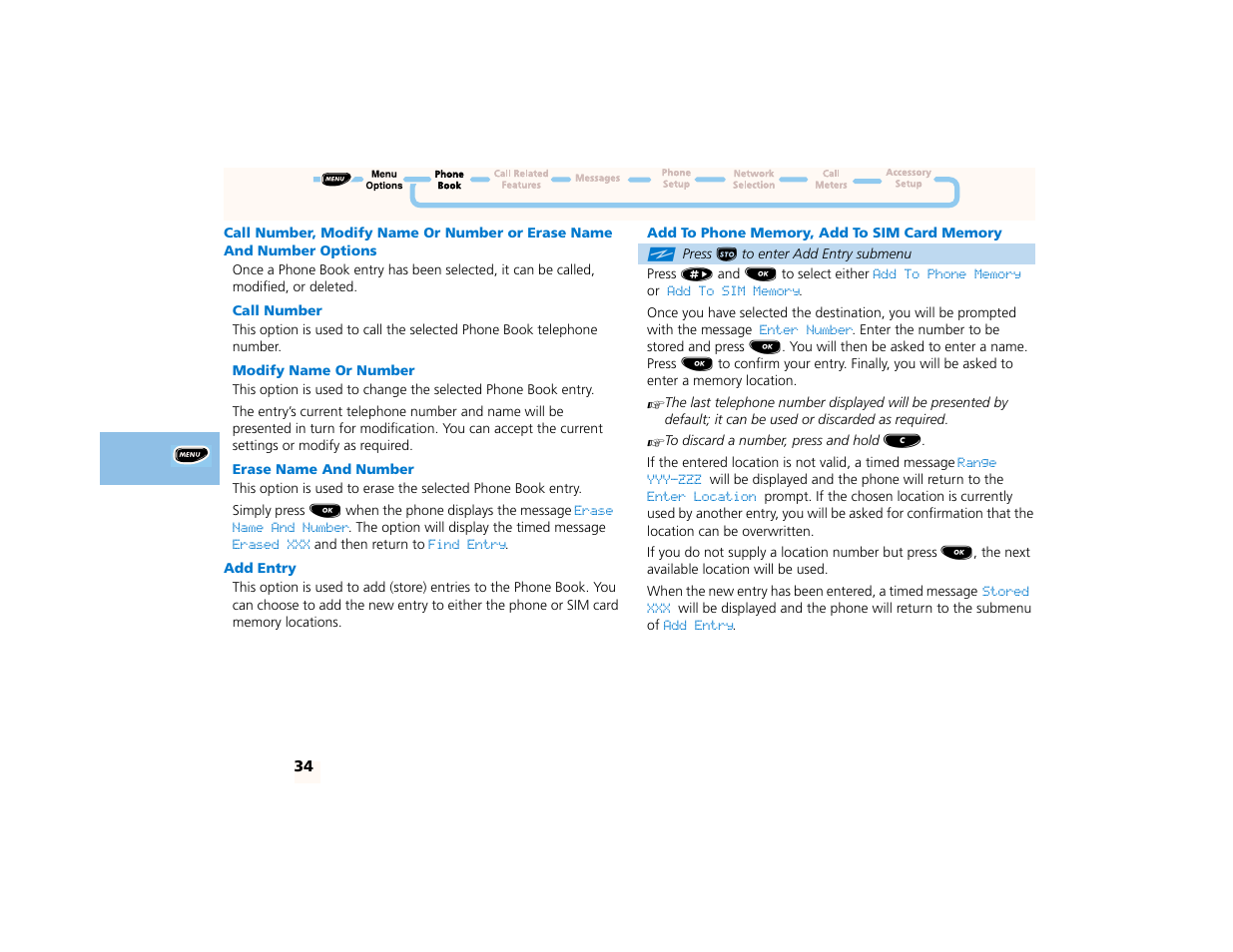 Call number, modify name or number or erase name a, Call number, Modify name or number | Erase name and number, Add entry, Add to phone memory, add to sim card memory | Motorola PCS telephone User Manual | Page 36 / 82
