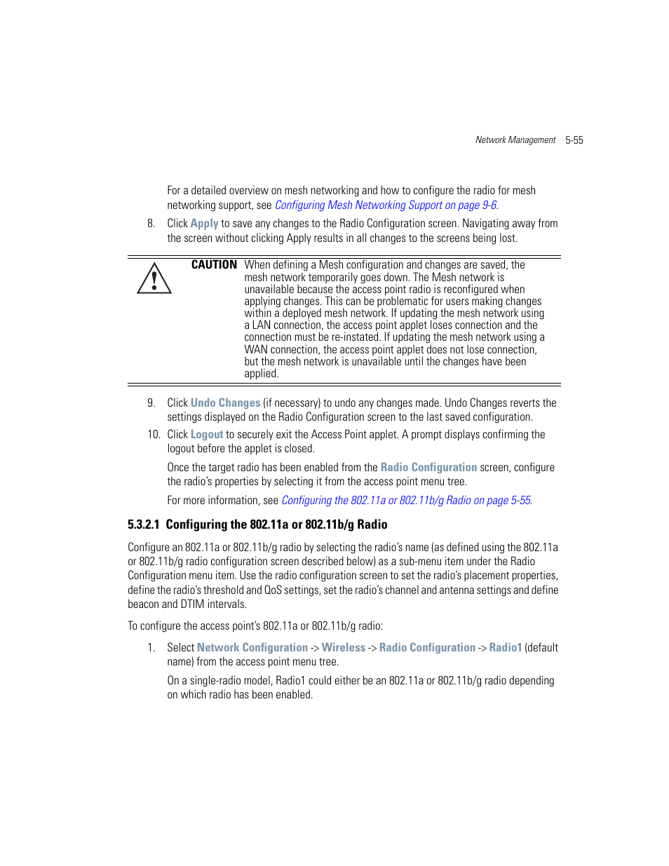 1 configuring the 802.11a or 802.11b/g radio, Configuring the 802.11a or 802.11b/g radio -55, Configuring the 802.11a or | Configuring the 802.11a or 802.11b/g radio on | Motorola AP-51XX User Manual | Page 203 / 698