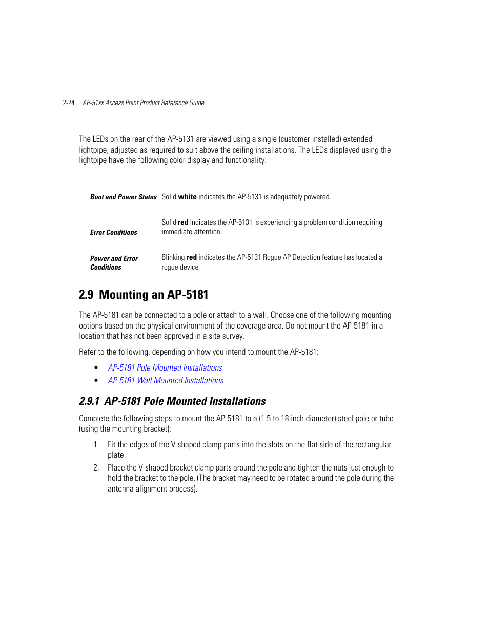 9 mounting an ap-5181, 1 ap-5181 pole mounted installations, Mounting an ap-5181 -24 | Ap-5181 pole mounted installations -24, Mounting an ap-5181 | Motorola AP-51XX User Manual | Page 68 / 698