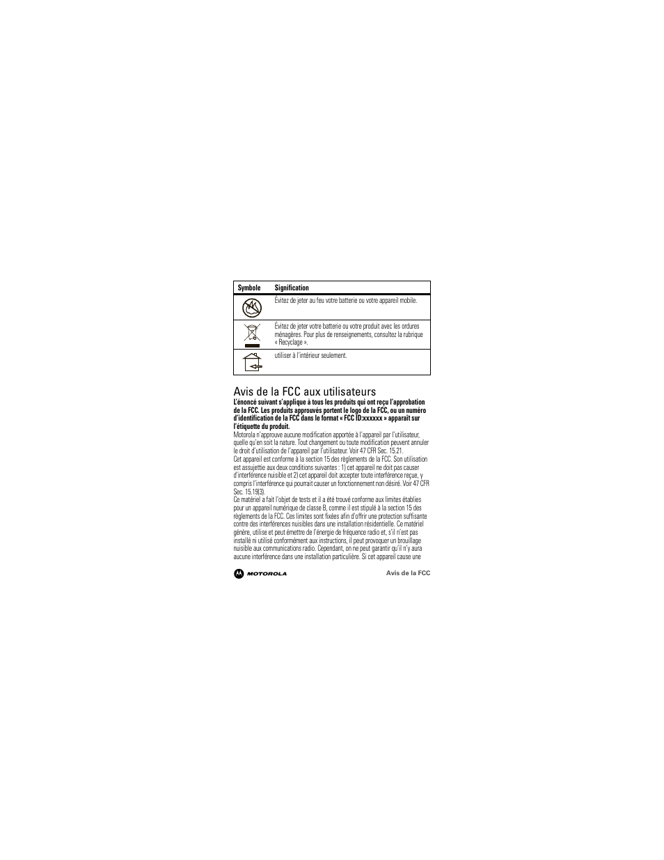 Avis de la fcc, Avis de la fcc aux utilisateurs | Motorola 68000202964-A User Manual | Page 50 / 77