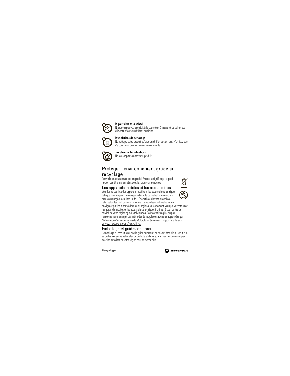 Recyclage, Protéger l’environnement grâce au recyclage | Motorola 68000202964-A User Manual | Page 53 / 77