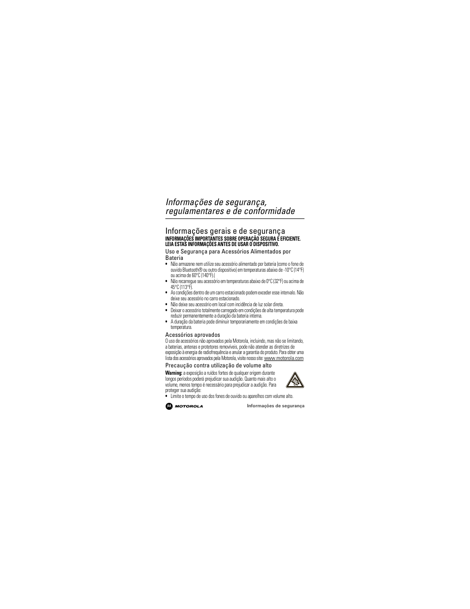 Informações de segurança, Informações gerais e de segurança | Motorola 68000202964-A User Manual | Page 69 / 77