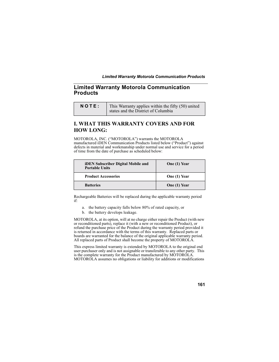 Limited warranty motorola communication products | Motorola i55sr Phone User Manual | Page 161 / 176