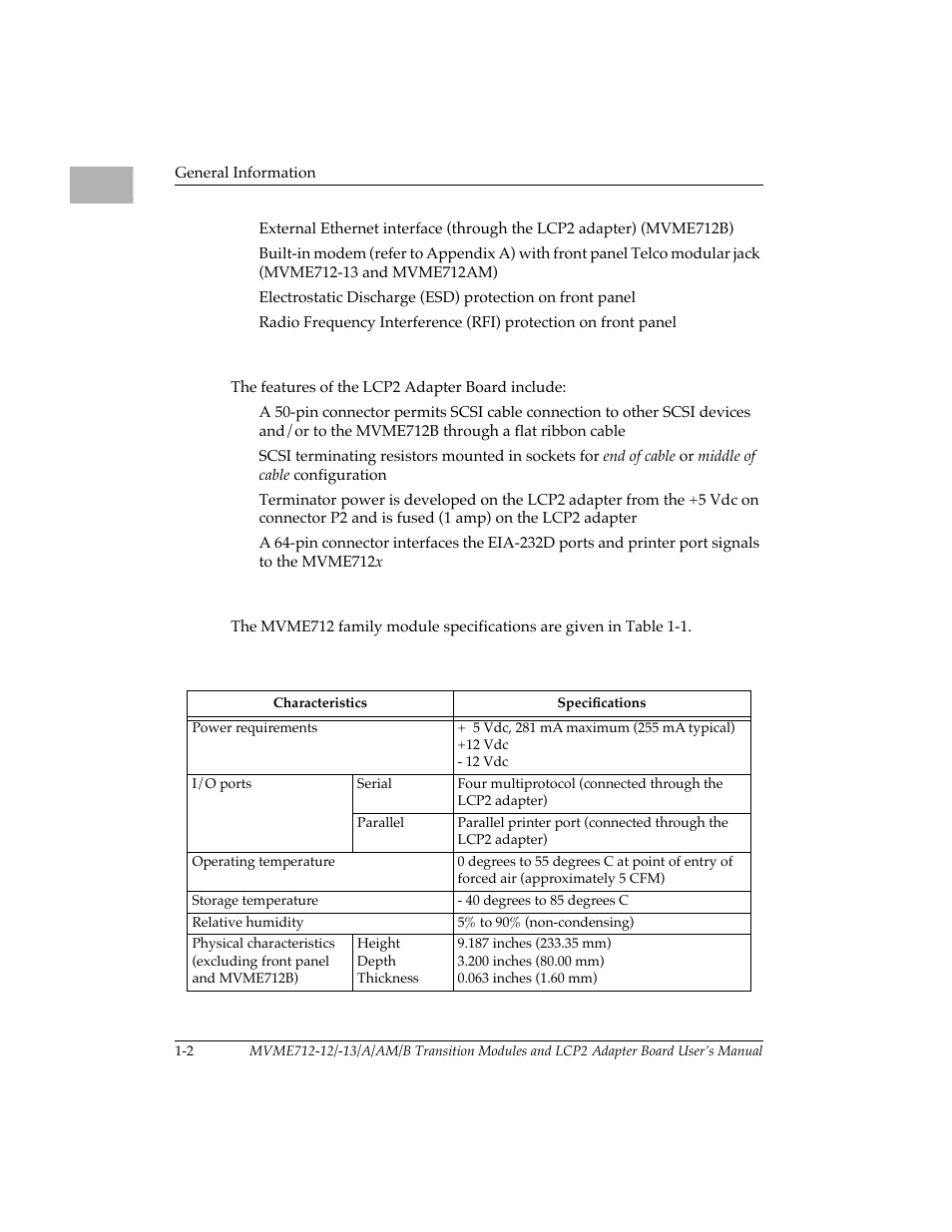 Features of the lcp2 adapter board, Specifications, Table 1-1. mvme712 family specifications | Motorola MVME712B User Manual | Page 13 / 74
