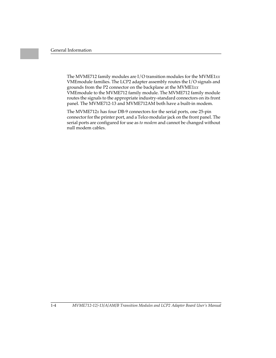 General description, General description 1-4, 1general description | Motorola MVME712B User Manual | Page 15 / 74
