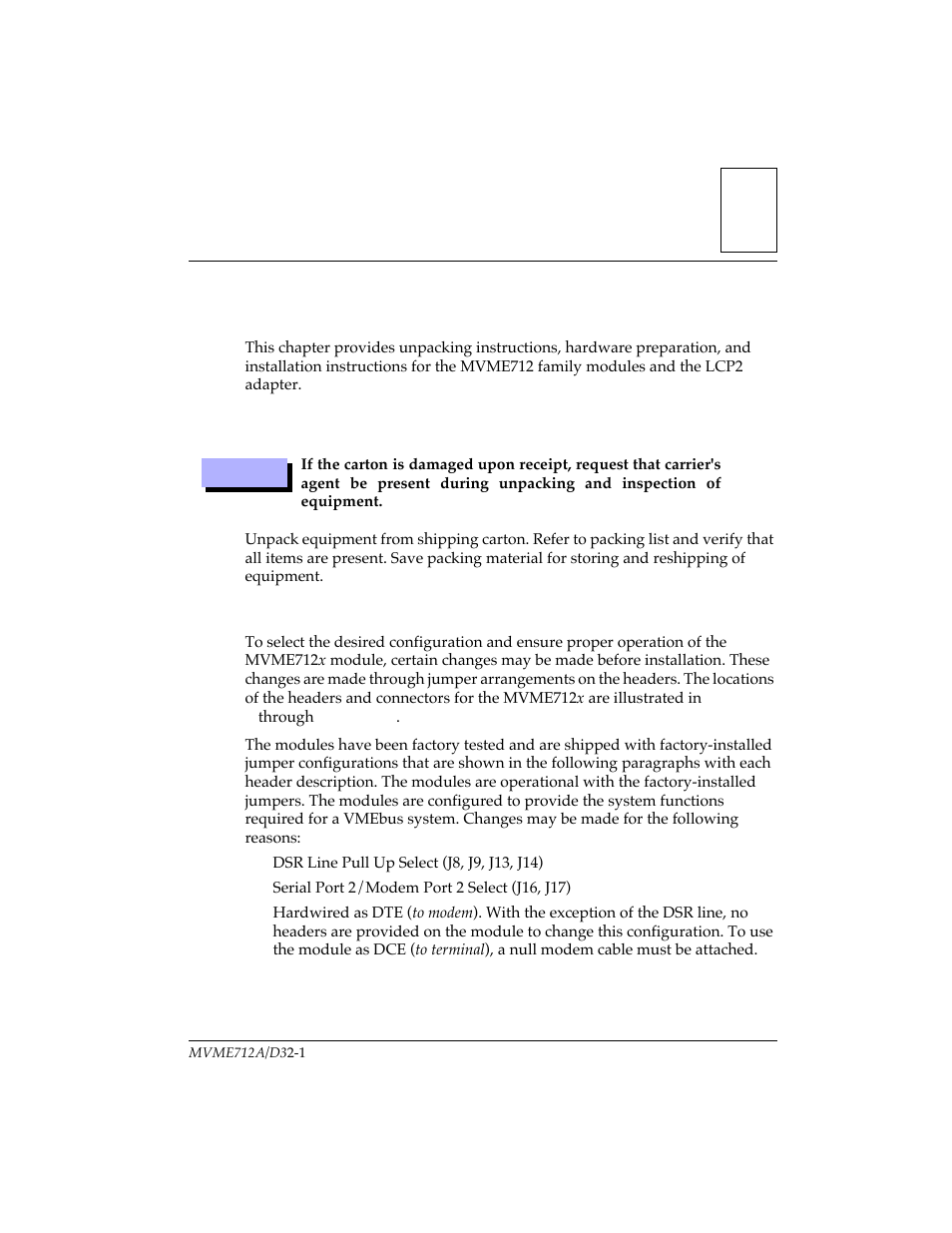 Hardware preparation and installation, Introduction, Unpacking instructions | Mvme712x module preparation | Motorola MVME712B User Manual | Page 16 / 74