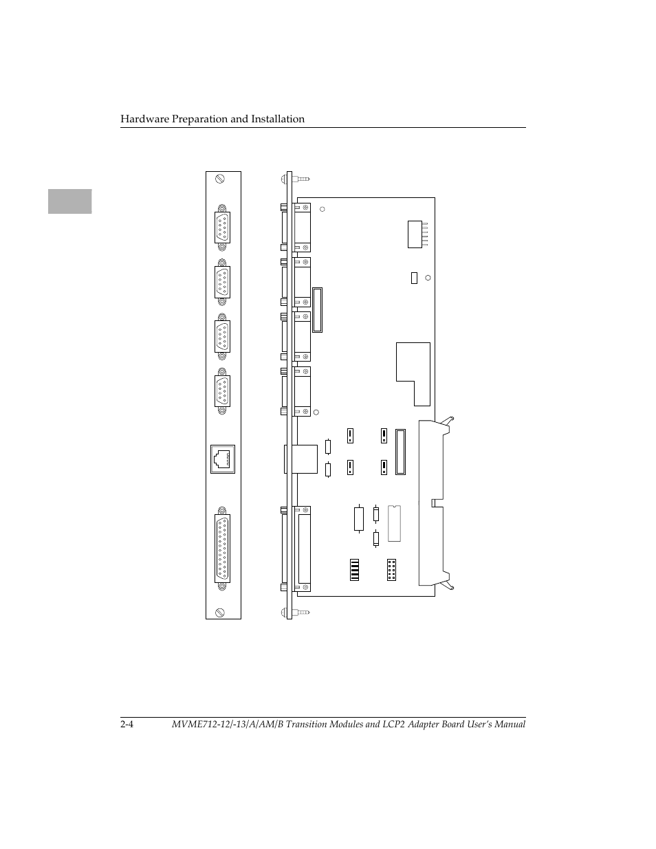 Figure 2-3. mvme712a header locations, Mvme712a header locations 2-4, Hardware preparation and installation | Motorola MVME712B User Manual | Page 19 / 74