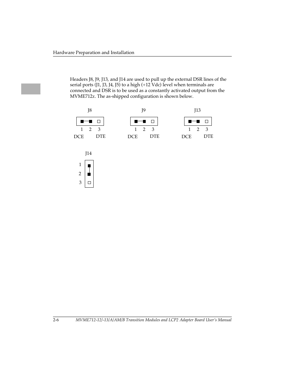 Dsr line pull up select headers (j8, j9, j13, j14) | Motorola MVME712B User Manual | Page 21 / 74