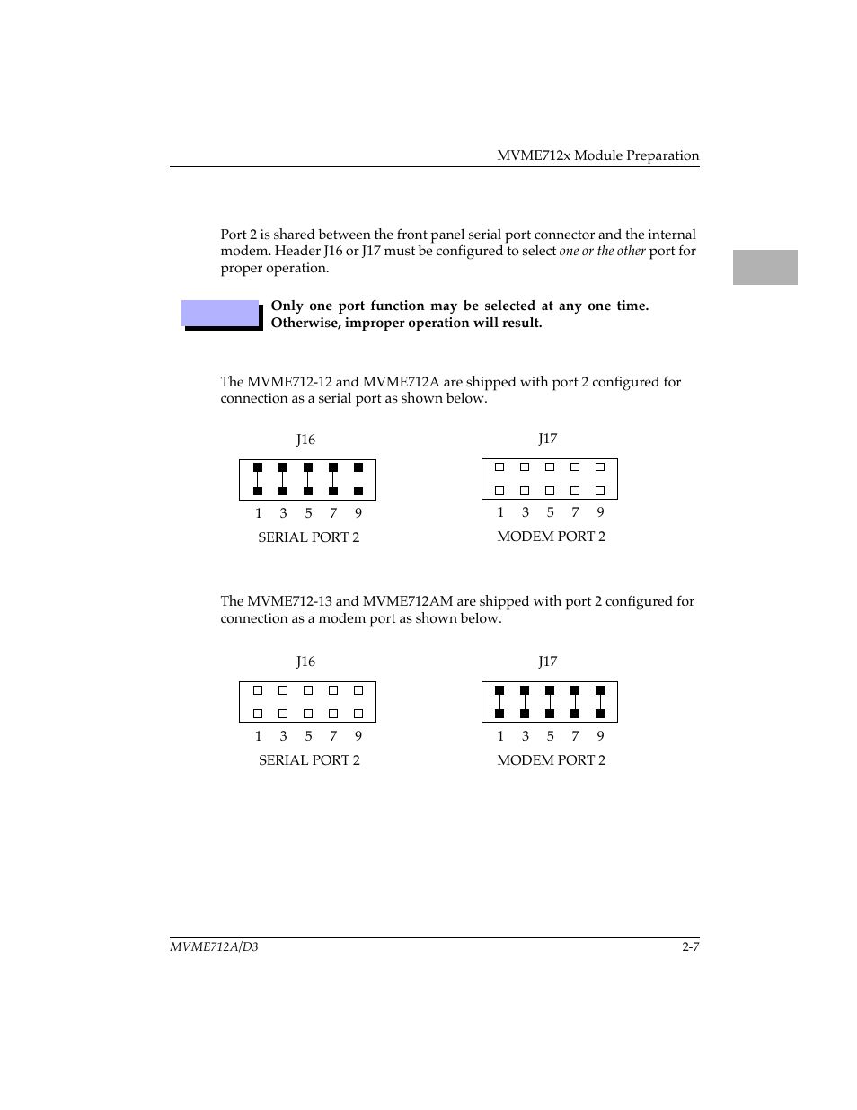 Serial port 2/modem port 2 select (j16, j17), Serial port configuration, Modem port configuration | Serial port 2/modem port 2 select (j16, j17) 2-7 | Motorola MVME712B User Manual | Page 22 / 74