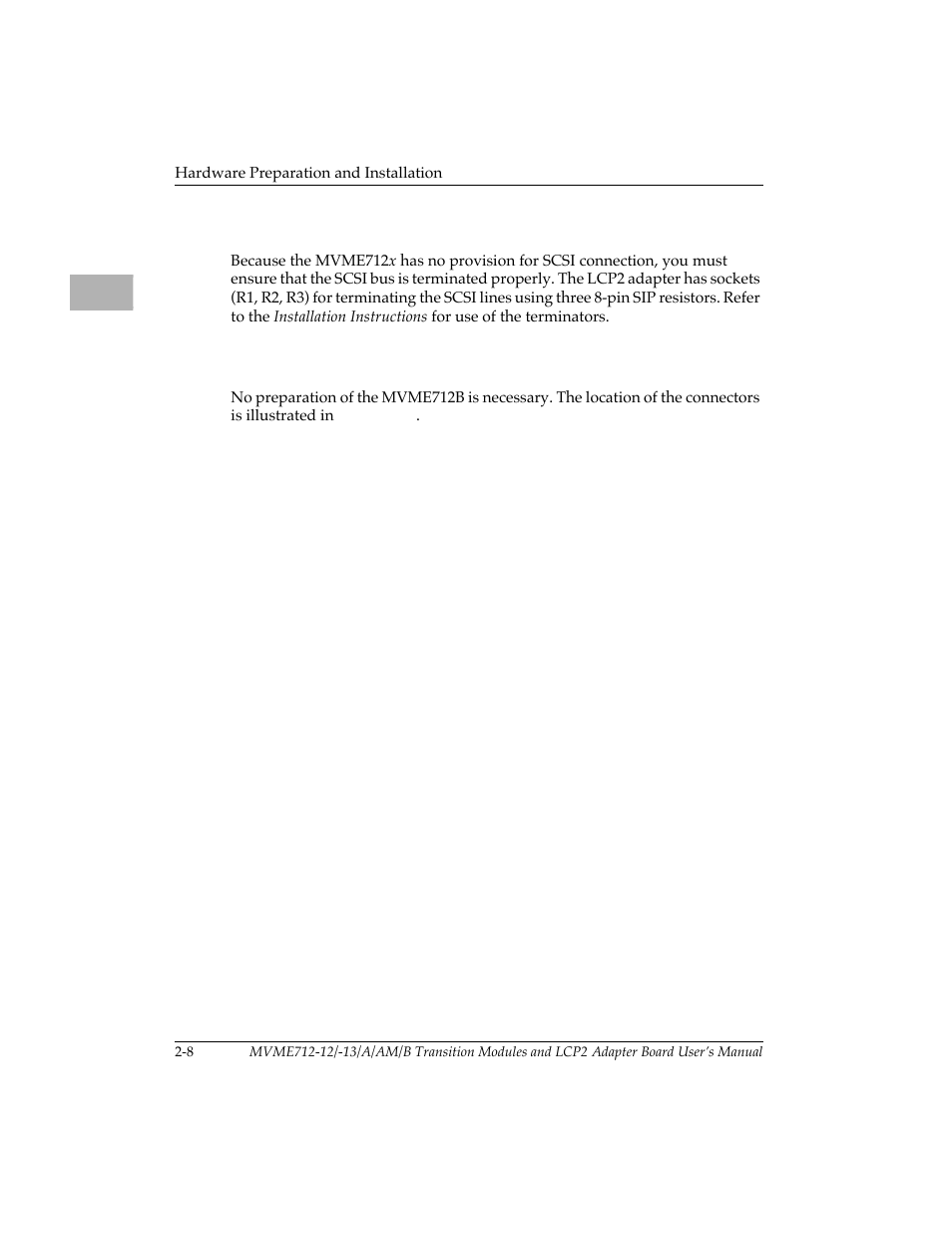 Scsi termination, Mvme712b module preparation, Scsi termination 2-8 | Mvme712b module preparation 2-8 | Motorola MVME712B User Manual | Page 23 / 74