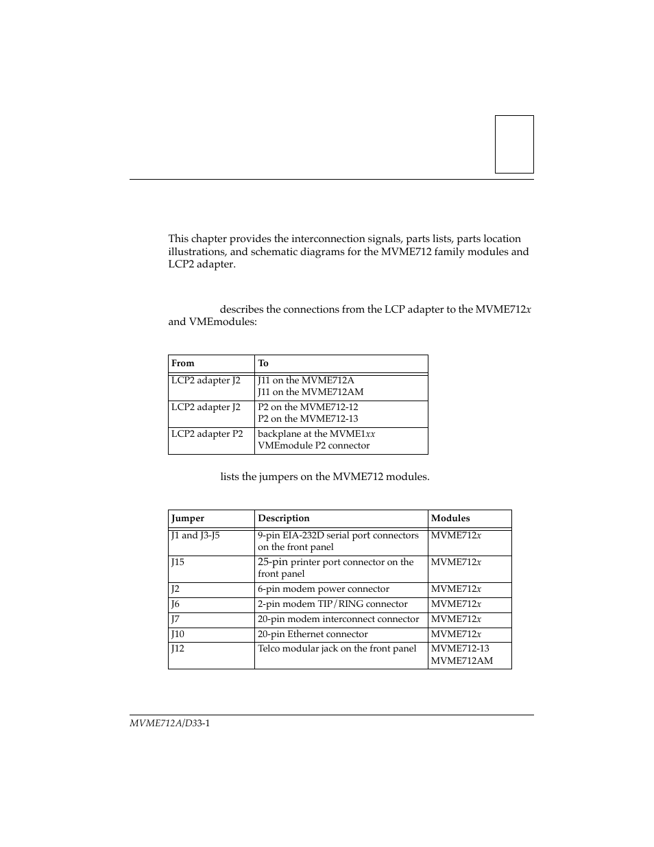 Support information, Introduction, Interconnect signals | Table 3-1. lcp2 and mvme712 connectors, Table 3-2. mvme712 jumpers, Introduction 3-1 interconnect signals 3-1 | Motorola MVME712B User Manual | Page 34 / 74